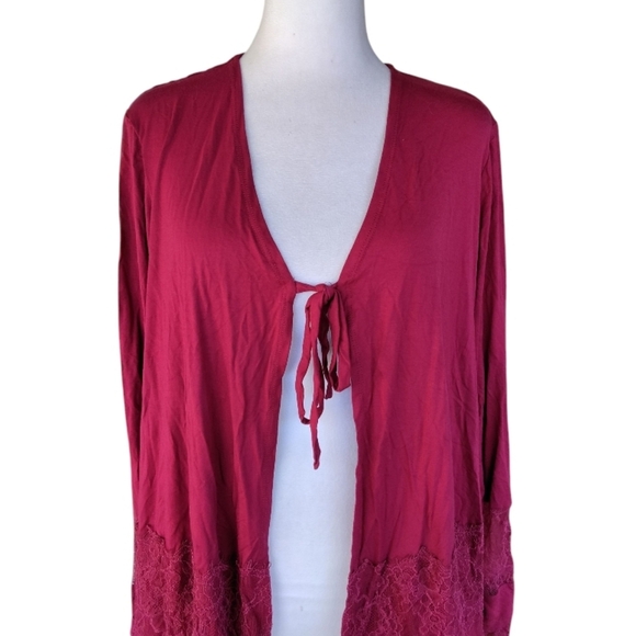 Logo by Lori Goldstein Burgundy Red Tie Front Cardigan With Lace Details Large - Picture 2 of 8